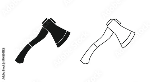 Two depictions of an axe solid black and outlined in white