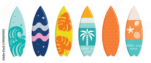 Surfboard summer element clipart set. Surfing board in colorful printed and pattern clip art for tropical season and beach sport activity summer element collection vector illustration.
