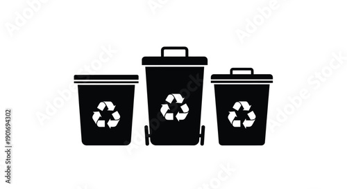 Three black waste containers with recycling symbols side by side
