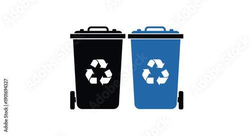 Two trash cans one black and one blue with recycling symbols