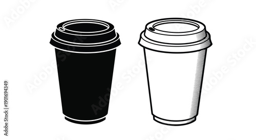 Black and white illustration of two disposable coffee cups side by side