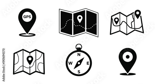 Black and white icons depicting navigation and map elements