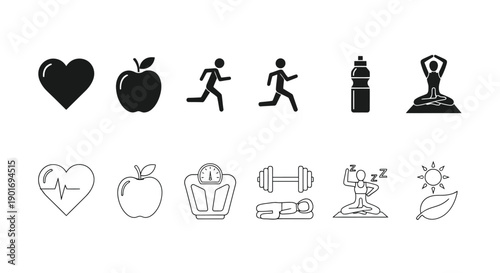 Collection of black and white icons representing health fitness and wellness