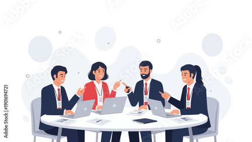 Teamwork meeting in office, business people collaborating around a round table with laptops