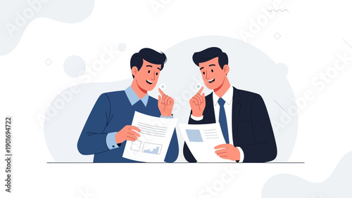 Two businessmen discussing documents and charts, collaboration and teamwork concept