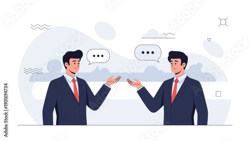 Two businessmen discussing ideas with speech bubbles, modern flat illustration