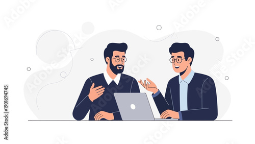 Two businessmen discussing ideas at a laptop, modern office illustration