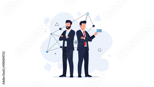 Two businessmen in suits standing with arms crossed and holding ID card