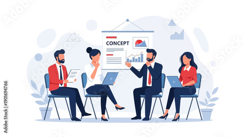 Business Meeting Concept: Team Brainstorming Session with Presentation