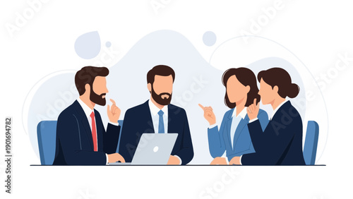 Business meeting illustration - diverse team collaborating around laptop