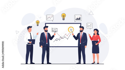 Business Team Analyzing Growth Chart on Whiteboard, Brainstorming Ideas
