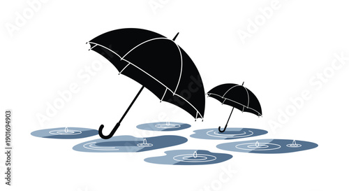 A black umbrella and a smaller one stand amidst falling raindrops