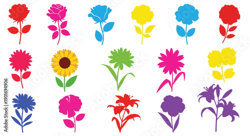 Colorful assortment of stylized flower illustrations on a white background