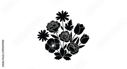A minimalist black and white illustration of a floral bouquet