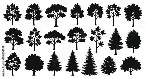Collection of various black silhouette trees in a repeating pattern