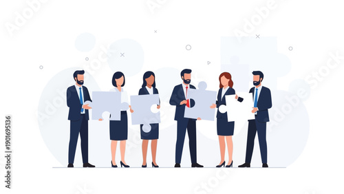 Diverse Business Team Holding Puzzle Pieces, Collaboration and Teamwork Concept