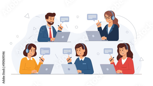 Diverse Customer Support Team Working with Laptops and Headsets