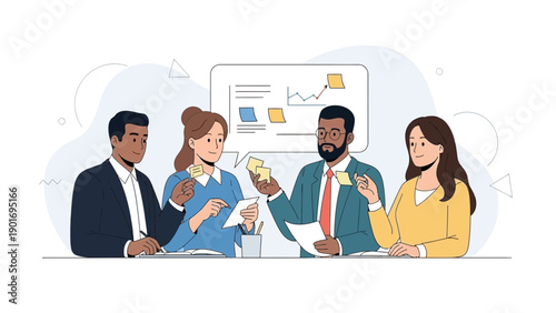 Diverse team brainstorming ideas on sticky notes at a meeting table