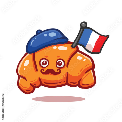Croissant character wearing beret holding French flag illustration on white background