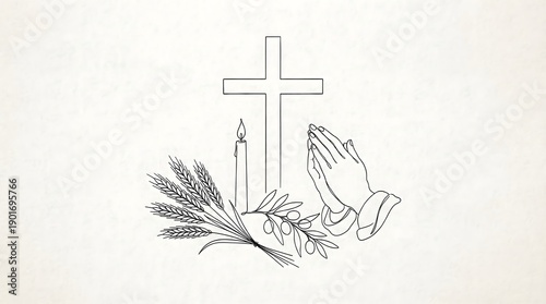 Religious Christian Symbols Set in Minimalist Line Art Style including Cross, Candle, Wheat, Olive Branch and Praying Hands