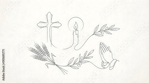 Religious Christian Symbols Set in Minimalist Line Art Style including Cross, Candle, Wheat, Olive Branch and Praying Hands