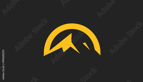 Golden Mountain Silhouette Under Rounded Shape On Dark Background For Logo Or Icon