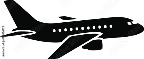 Black silhouette of a commercial airplane in flight against a white background