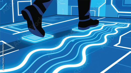 Vector Illustration Of A Floor That Displays Interactive Projections Every Time It Is Stepped On, Light Waves Follow The Footsteps Vector Design Template