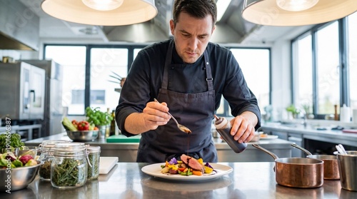 Culinary Craftsmanship: A chef artfully plates a gourmet dish in a professional kitchen, showcasing expertise and passion for the culinary arts.