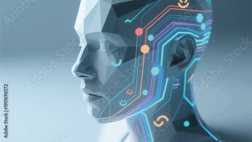 Illustration Of A Human Face Projected With A Digital Emotion Spectrum, The Data Lines Follow The Contour Of The Face  Vector Design Template