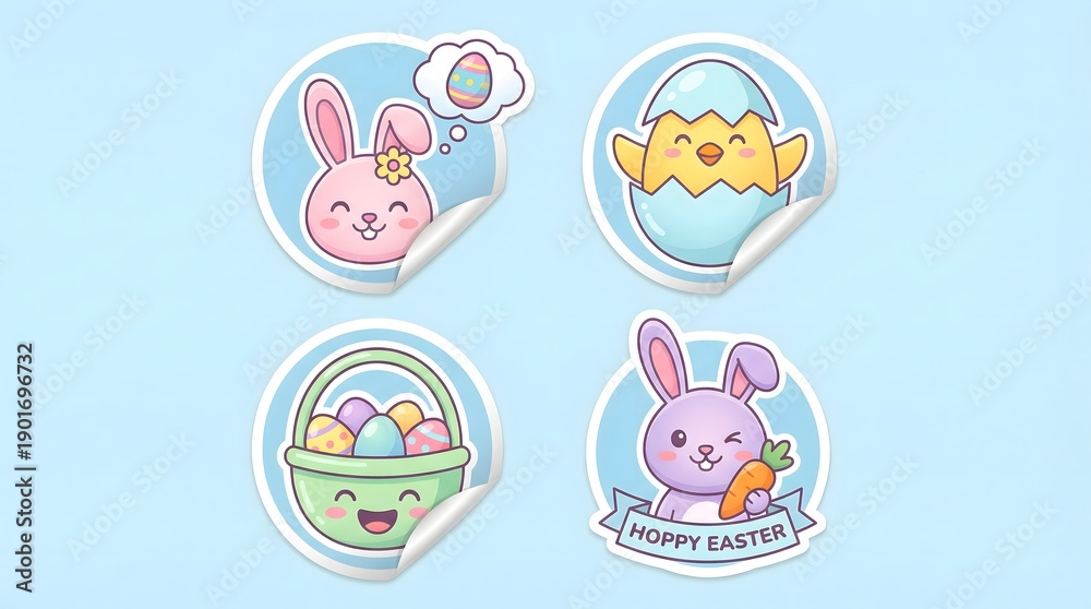Fototapeta premium Easter Kawaii Sticker Set with Cute Bunny, Chicks in Eggs, Baby Sheep and Spring Flower Baskets in Pastel Colors
