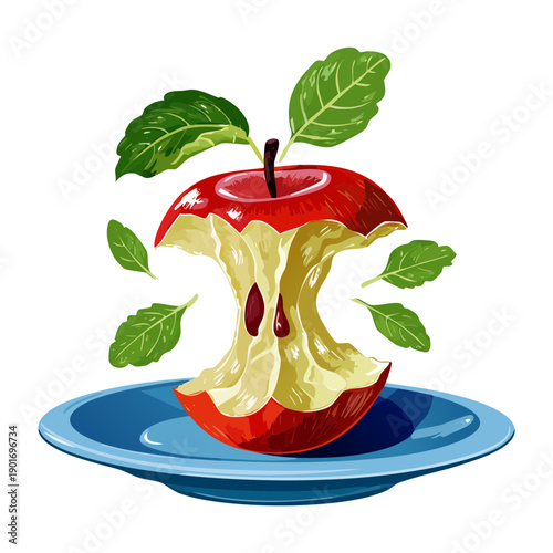 Eaten Red Apple Core Surrounded By Fresh Green Leaves On Blue Plate For Food Waste Concept - Vector Illustration
