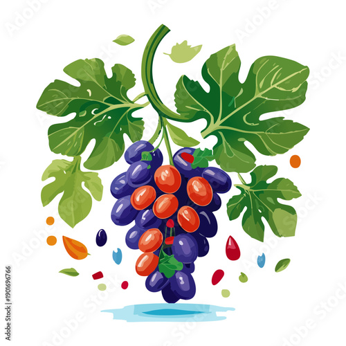 Fresh Grape Bunch Hanging On Vine With Green Leaves For Wine Production And Vineyard Concept Art - Vector Illustration