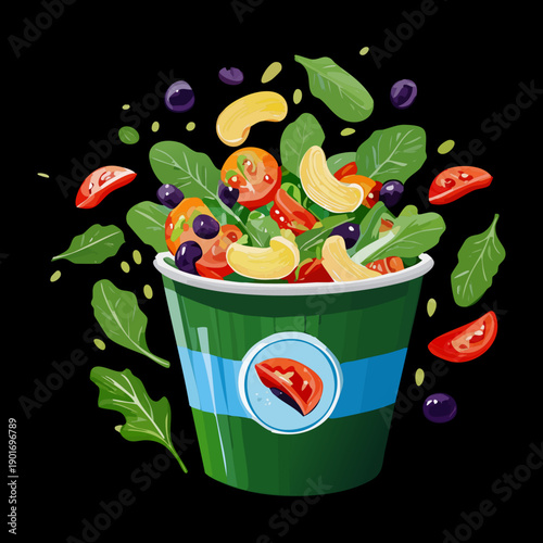 Nutritious Fruit Salad In Cup With Sliced Mango And Green Leaves For Healthy Grab And Go Snack - Vector Illustration
