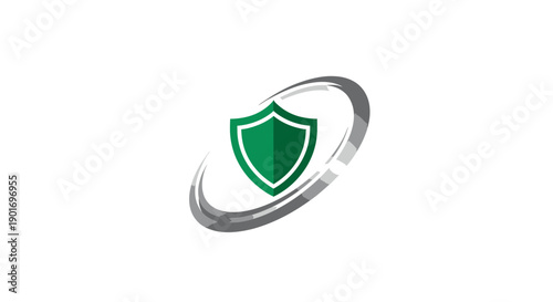 Green Shield Symbol Floating Within Abstracted Orbital Silver Lines Graphic Design