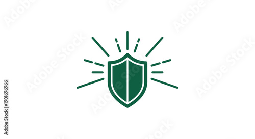 Green Shield With Beams Represents Protection, Security, And Safety, Simple Design
