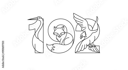 Artistic Numbers 192 with Animals: Heron, Fox, Eagle - Vector Line Art