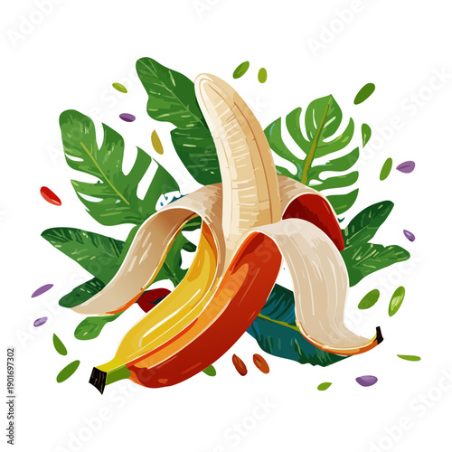 Peeled Banana With Green Tropical Leaves For Healthy Exotic Snack And Summer Nutrition Concept Art Design - Vector Illustration