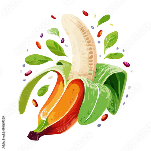 Artistic Peeled Banana With Floating Leaves For Dynamic Tropical Fruit And Health Concept Art Design Illustration - Vector Illustration