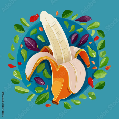 Half Peeled Banana On Blue Surface For Creative Healthy Food And Tropical Dessert Concept Art Design - Vector Illustration