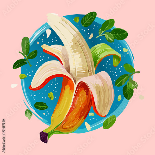Peeled Banana On Blue Surface For Simple Healthy Snack And Tropical Fruit Nutrition Concept Art Design - Vector Illustration
