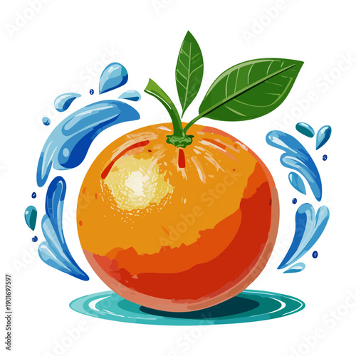 Vibrant Orange Fruit With Floating Leaves And Water Splashes For Refreshing Healthy Drink Concept Art Design - Vector Illustration