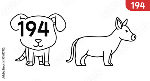 Cute cartoon dog with number 194 on face and line art donkey