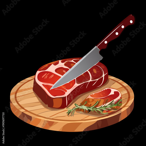 Raw Beef Steak On Wooden Board With Herbs And Knife For Gourmet Kitchen Preparation Concept Art - Vector Illustration