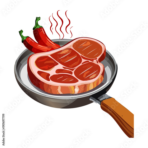 Grilled Beef Steak With Red Chili Peppers In Pan For Spicy Meat Lovers Dinner Concept Art - Vector Illustration