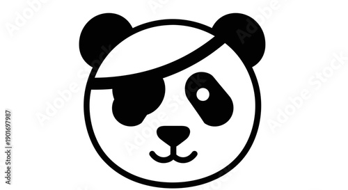 Cute Panda Pirate Icon, Black and White Vector Illustration