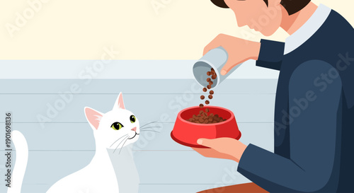 This clean flat design vector illustration captures the caring moment of a person feeding their pet cat. It highlights the daily ritual of providing nourishment with a modern, minimalist aesthetic