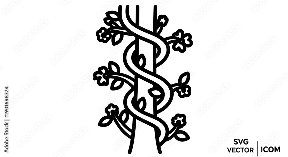 Obraz premium Elegant vine with flowers wrapping around a pole, minimalist outline illustration