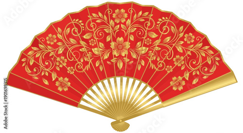 Elegant Red and Gold Floral Folding Fan