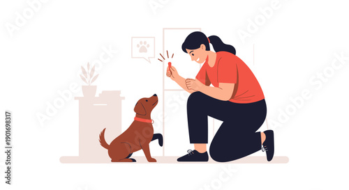 This engaging flat design vector illustration shows a pet owner actively training their dog, focusing on positive reinforcement. It represents responsible pet ownership 